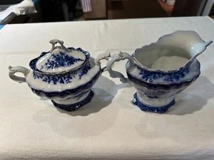 SET, Sugar Bowl & Creamer, Stanley Flow Blue Touraine - Picture 1 of 9