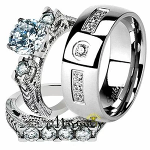 Hers & His Stainless Steel Round Cut Vintage Bridal Ring Set & Cz Wedding Band - Picture 1 of 1