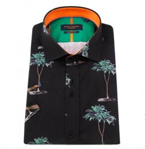 Guide London Mens Shirt Short Sleeve Summer Peacock Black Print Slim RRP £79.99 - Picture 1 of 4