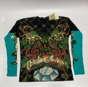 Authentic Vintage Men's Christian Audigier T-shirt Diamond Skull LS Black/Aqua L - Picture 1 of 3