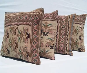 VINTAGE KURDISH RUG PILLOWS HAND WOVEN SQUARE SENNEH KELIM WOOL AREA RUG 18"X18" - Picture 1 of 5