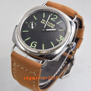 Polished 45mm black dial Asia hand winding 6497 men watch Miltary green marks DE - Picture 1 of 7