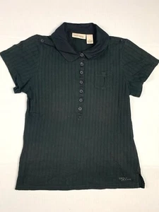 DKNY Shirt Women Size PM Black Short Sleeve Button Collared Golf Polo Pocket - Picture 1 of 7
