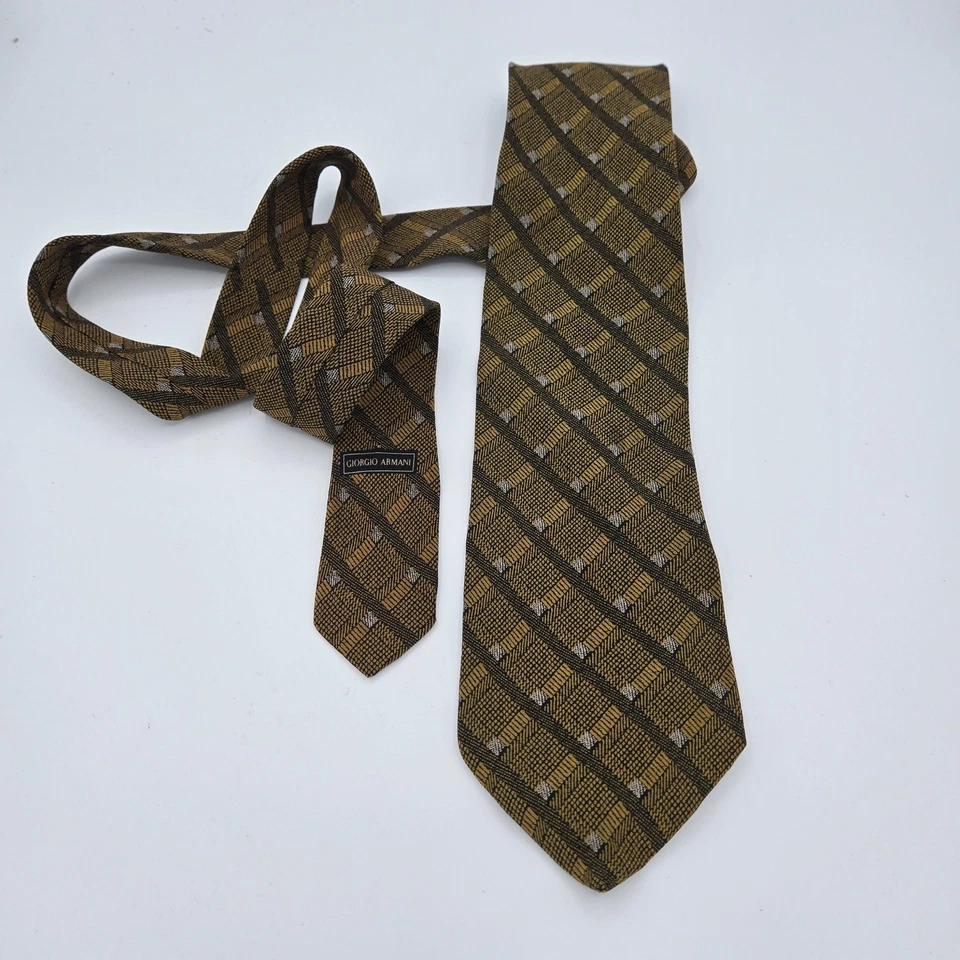 Галстук шелковый Giorgio Armani коричневый золотой клетчатый узор мужской официальный галстук - Изображение 1 из 4