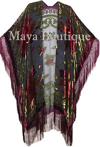 Maya Matazaro Tie Dye Burgundy Multi Fringe Kimono Burnout Velvet Jacket Coat - Picture 1 of 5