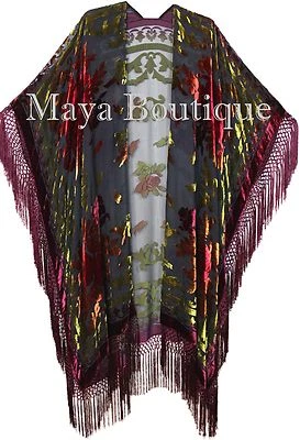 Maya Matazaro Tie Dye Burgundy Multi Fringe Kimono Burnout Velvet Jacket Coat  - Image 1 of 4