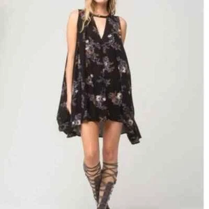 Free People Dress XS Black Rust Flowy Floral Trapeze Boho Hippie Festival Rayon - Picture 1 of 11