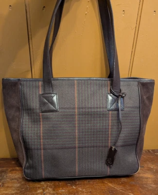 VTG LRL Ralph Lauren Tote Purse Classic Houndstooth Plaid Brown Leather Suede - Image 1 of 4
