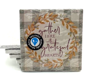 Drink Coasters Stone w Cork Backing Set of 6 Fall Thanksgiving Square New in Pkg - Picture 1 of 4