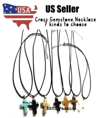 Cross Necklace US Tiger Eye Agate Blue Sand Jade Picture Yellow Stone, Turquoise - Image 1 of 4