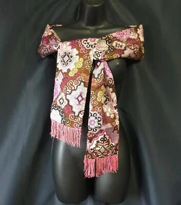 PSYCHEDELIC SATIN PRINT Vintage 1960s 70s BOHO Long Oblong SCARF w/PINK FRINGE - Picture 1 of 3