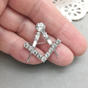 Masonic Order Square & Compass Rhinestone Brooch Pin 1" Silver Tone Clear - Picture 1 of 4
