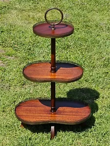 Mahogany Three-Tier Dumbwaiter with Brass Gallery Rails Afternoon Tea Stand 31"H - Picture 1 of 11