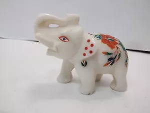 Very Unique Handmade Marble Elephant Statue 4" Marcasite Lapis Coral ? Beautiful - Picture 1 of 10