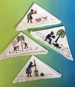Set 4 tovaglioli etnici culturali in lino ricamati vintage palma cocco - Foto 1 di 9