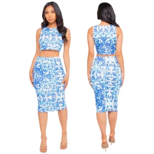 Womens Porcelain Print Cropped Top Pencil Skirt 2 Piece Set Outfit Blue New - Picture 1 of 4