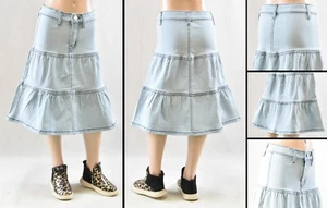 Little Girls Stretch Denim Skirt Calf length Lt. indigo wash #RK-79241 - Picture 1 of 1