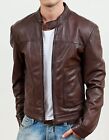 Mens Biker Vintage Brown Motorcycle Lambskin Cafe Racer Real Leather Jacket