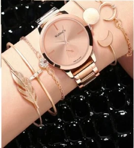 6pcs Women's Rose Gold Steel Band Quartz Fashion Watch And Multi-Bracelet Set - Picture 1 of 4