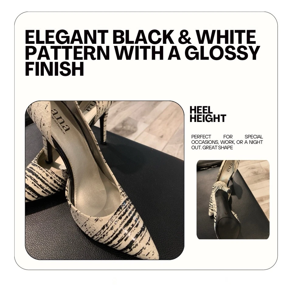 Elegante patrón de zapatos en blanco y negro con acabado brillante. Altura del tacón. Foto 1 de 1