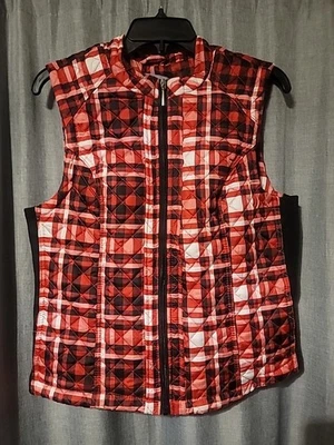 Laura Scott 女式 L 码背心全拉链弹力侧绗缝黑色白色红色格子 — 第 1/4 张图片