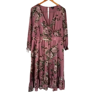 Torrid Tea Length Fit & Flare Size 2X Faux Wrap Chiffon Mauve Floral Dress Fairy - Picture 1 of 15