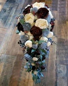 Burgundy Dusty Blue Sola Wood Bridal Bouquet Artificial Cascade Wedding Flowers - Picture 1 of 23