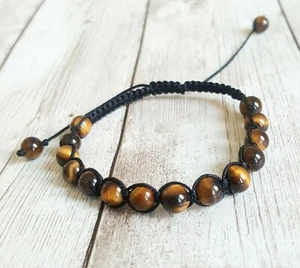 Healing Stone Tiger Eye Bracelet Cuff Knit Adjustable Macrame Thai Unisex 7 mm - Picture 1 of 10