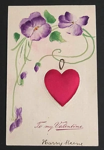 Paul Finkenrath zu meinem Valentinstag Stoff Satin Herz Nadelkissen Postkarte um 1910 - Bild 1 von 6
