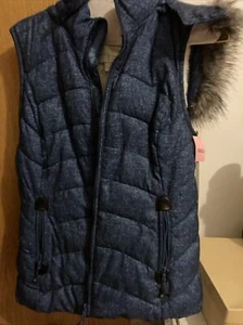 Denim Puffer Vest Ladies Small Shell Polyester & Faux Fur Filler Lining(New)zip - Picture 1 of 6