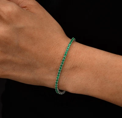Brazalete de tenis de piedras preciosas redondas esmeralda de Zambia de 2,70 quilates cadena regalo oro blanco de 18 k Foto 1 de 4