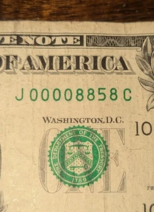 4 Digit Low Serial Number 00008858 Fancy Serial Number One Dollar Bill - Picture 1 of 4