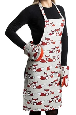 Delantal de cocina de lino con 2 guantes/guantes cortos para horno y bolsillo frontal Foto 1 de 4