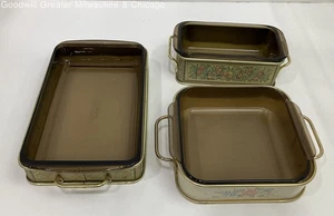Vintage Pyrex Brown Glass Rectangle Baking Cake Loaf Pans w/ Metal Holders - Picture 1 of 6