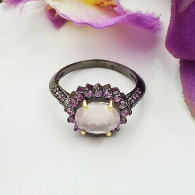 Piedras preciosas de cuarzo rosa natural 925 plata esterlina zafiro rosa... - Imagen 1 de 4