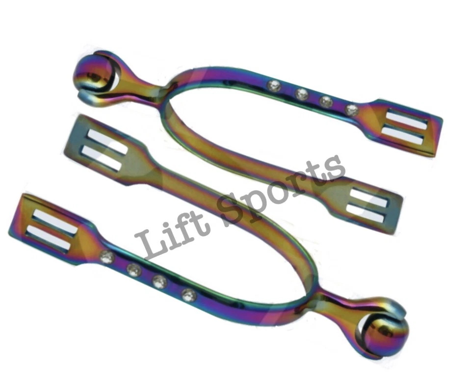 LIFT SPORTS Rainbow Multi Color Crystals Horse Spurs Smooth Roller Ball Adult Size Riding