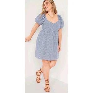 Old Navy Mini DRESS 3X Boho Blue White Checked Gingham Tiered Cottage Pockets - Picture 1 of 3