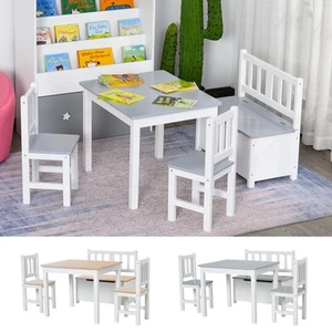 Qaba Juego de 4 Piezas Silla de Mesa de Madera para Niños Banco con Función de Almacenamiento para 3 Años+ - Imagen 1 de 23