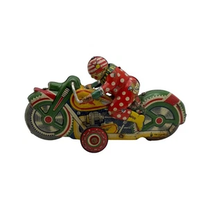 Vintage Tin Litho Clown Motorcycle Wind-Up Toy w/ Key Works – Made in Japan - Picture 1 of 12