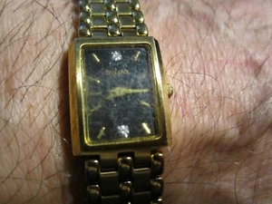 LADIES' BULOVA TANK WATCH BLACK DIAL 2 DIAMONDS - RUNS GREAT -FITS 871/2" GW-22A - Picture 1 of 6
