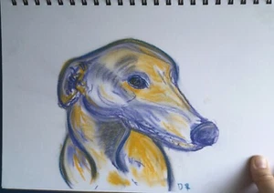 Fawn Sighthound greyhound In Conte Pastel Original Unframed Drawing A4 Signed - Picture 1 of 2