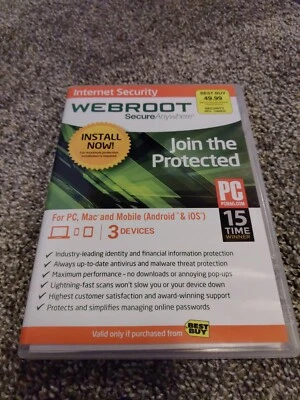 Webroot Secure Anywhere Internet Security 3 Devices for PC/MAC/Mobile NEW/SEALED - Image 1 of 3