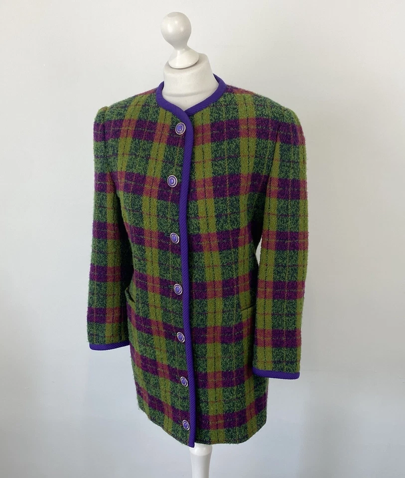 Женская винтажная куртка Gianni Versace Versus зеленая розовая фиолетовая клетчатая размер 42 ЕС - Изображение 1 из 4