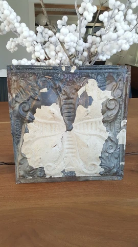 Antique Salvaged Victorian Ornate Chippy Cream Paint Tin Tile Cover