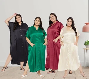 Maxi Vestido de Mujer Satén con Botones Caftán Cuello en V Cuello Noche Vestido de Fiesta - Imagen 1 de 36