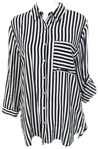 GRAND & GREENE Sz MED White Navy Stripe Multicolor Roll Tab Sleeve Tunic Blouse - Picture 1 of 13