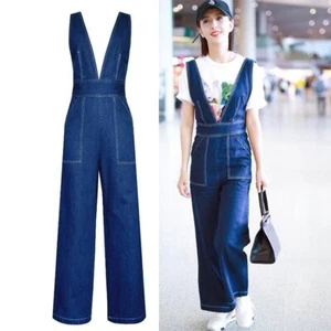 New Women's Casual Denim Jumpsuits Belt Wide Leg Pants Rompers Jeans Trousers - Picture 1 of 5