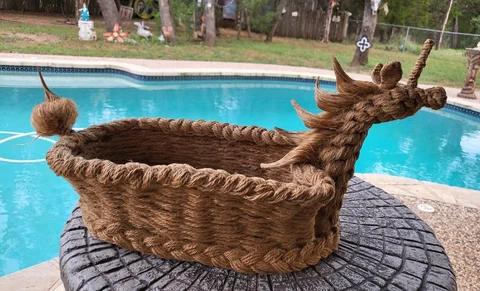 Vintage Handmade Wood/Rope Woven Mythical Dragon Unicorn Burlap Covered Basket Cover