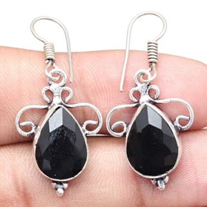 Black Spinal Gemstone Handmade Gift For Her Silver Jewelry Earrings 1.5'' - Picture 1 of 7