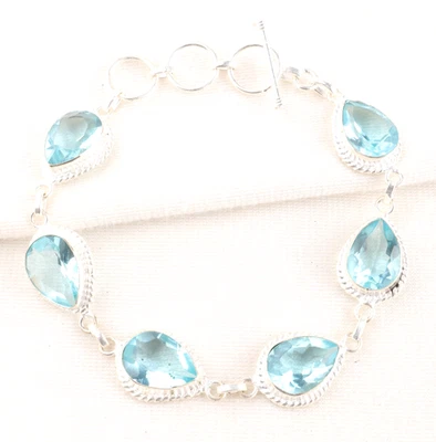 Brazalete de joyería hecha a mano de plata de ley 925 con piedras preciosas de topacio azul cielo 8" Foto 1 de 4